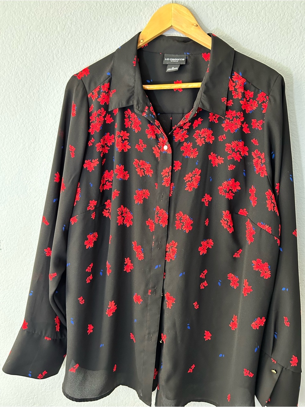 Liz Claiborne Black Blouse with Red Floral Print